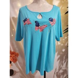 Quacker Factory USA Flag Patriotic Rhinestone Bling Beaded Tee Womens Size 1X